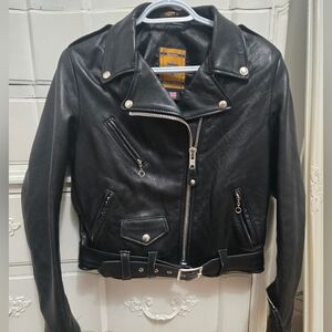 Schott NYC Black Leather Biker Jacket with Belt